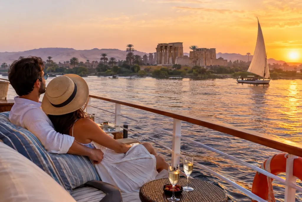 Honeymoon couple watching sunset from a luxury Nile cruise
