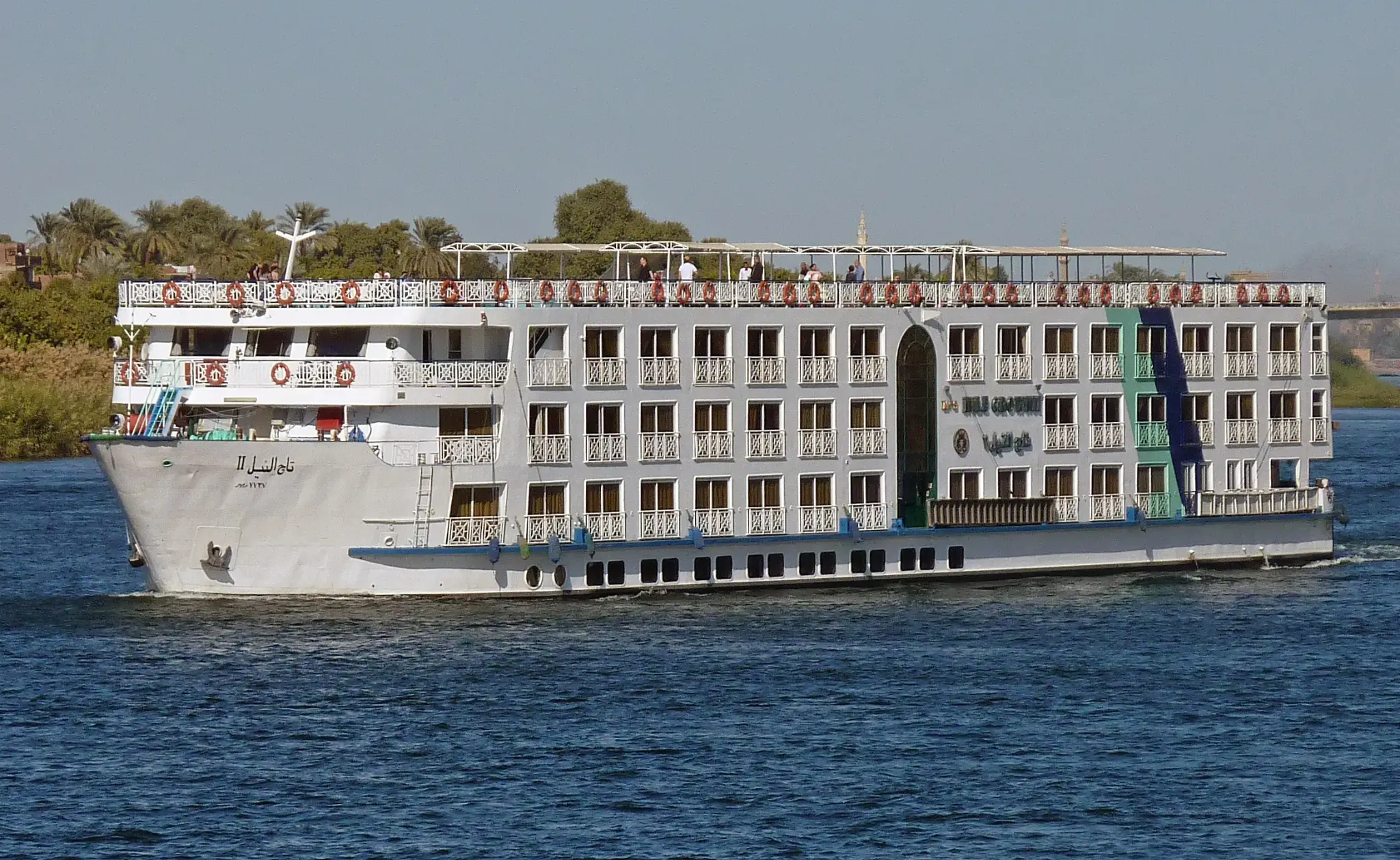 Five-star Nile cruise ship sailing near Luxor in Egypt