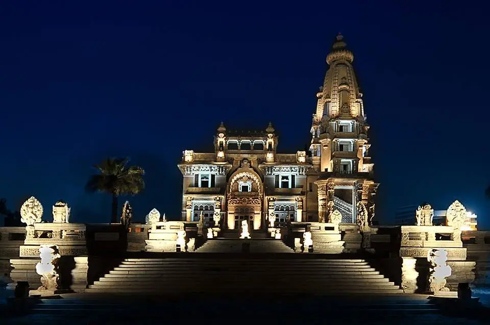 Historic Egyptian palace illuminated at night