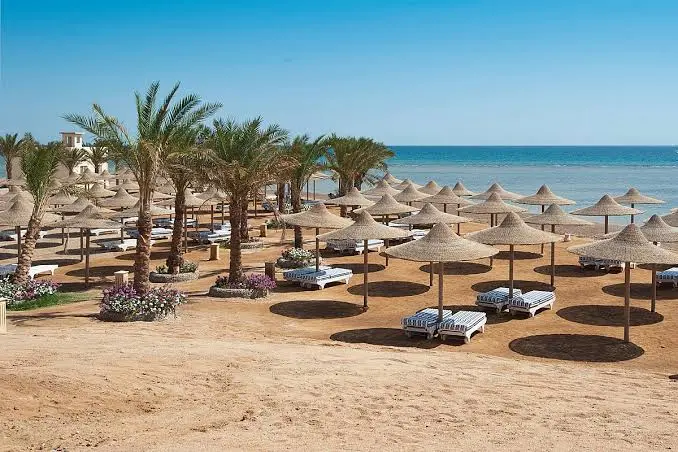 Private beach and sun loungers at a Hurghada resort
