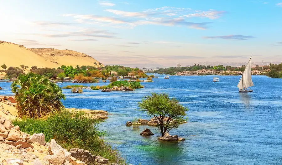 Scenic Nile River and felucca boats near Aswan