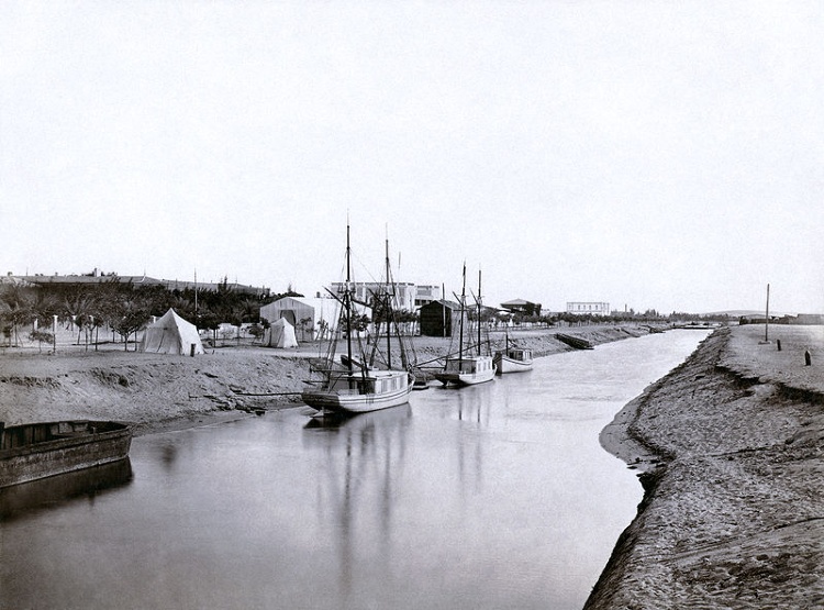 Historic construction works near Ismailia during the building of the Suez Canal in 1862